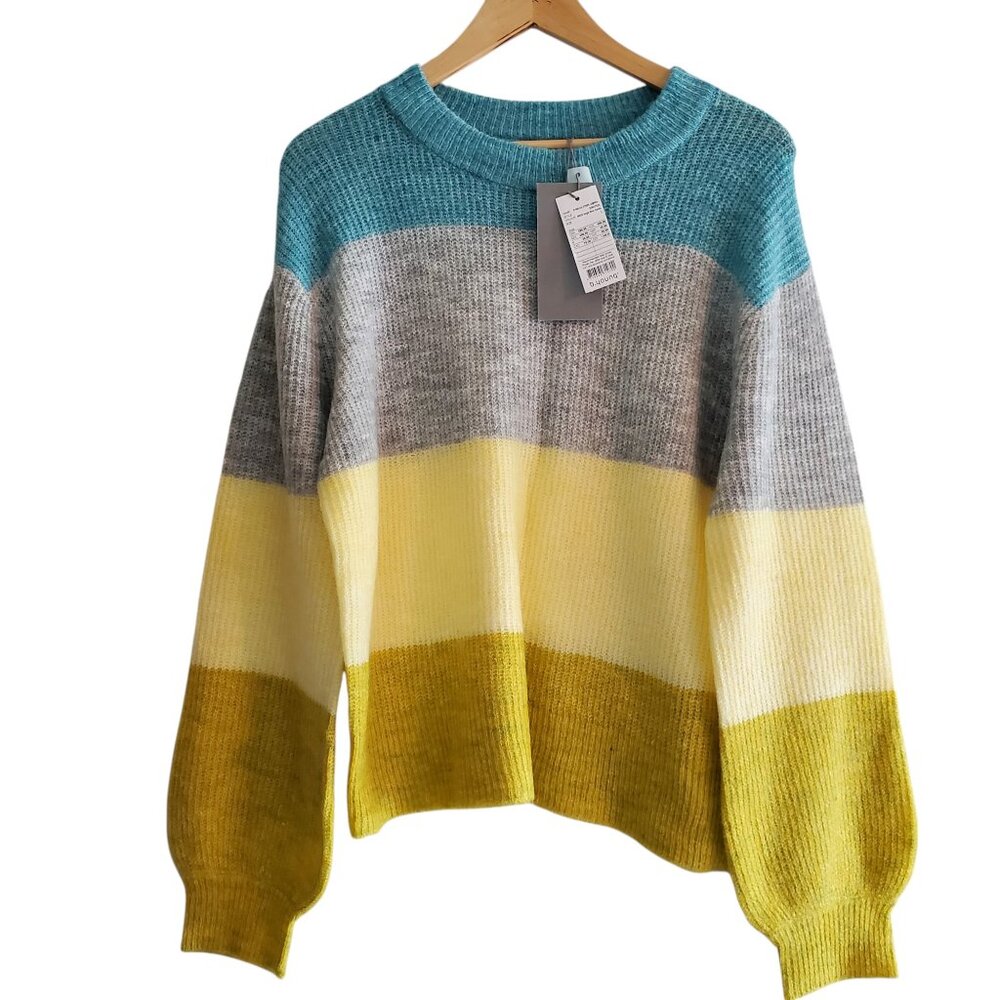 NWT Women's Crewneck Pullover Sweater in Blue/Grey/Yellow Size Large